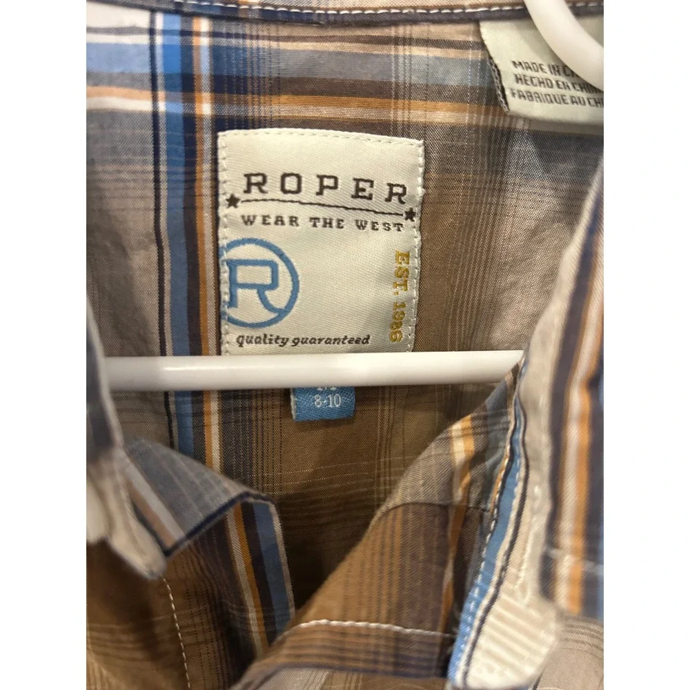 Roper Boys Brown Blue Plaid Western Long Sleeve Snap Shirt Size‎ 8-10 k7174
